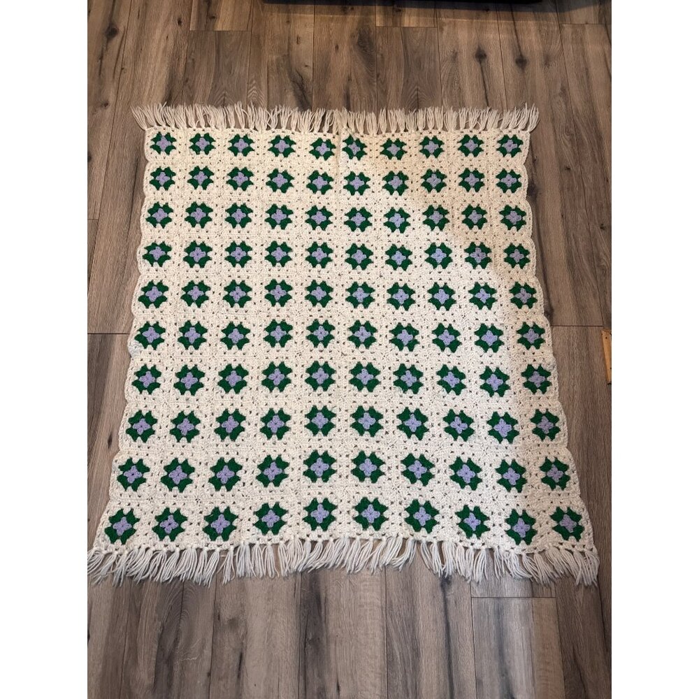 Handmade Crochet Granny Square Blanket With Green & Purple Floral Pattern White